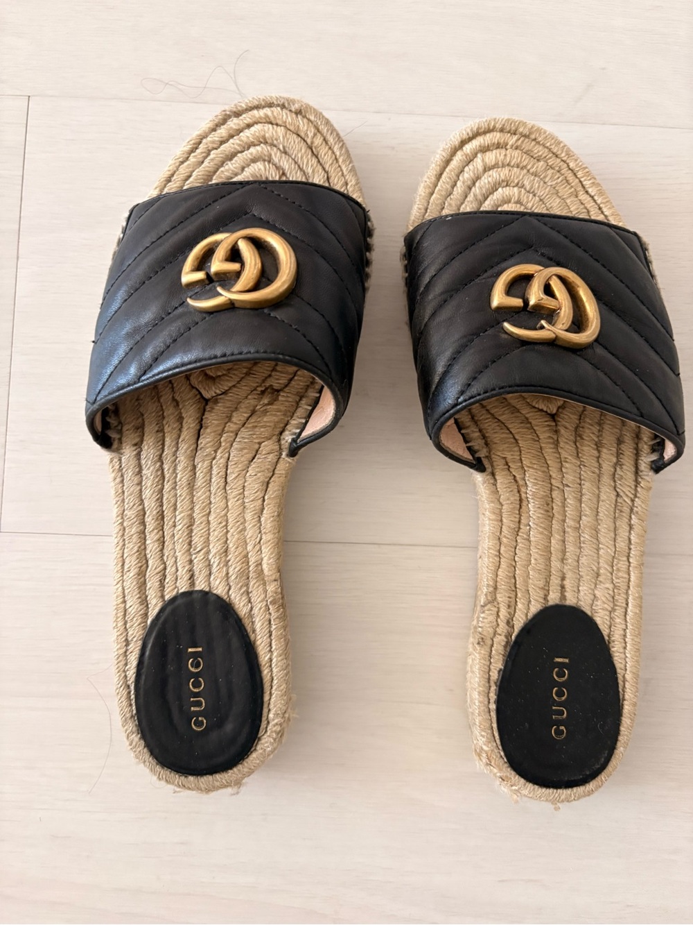 Gucci Black Quilted Leather Slide Sandals with Gold Double G Hardware
